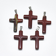 Natural Red Rainbow Jasper Pendants, with Stainless Steel Snap On Bails, Cross, Stainless Steel Color, 44~46x28x8mm, Hole: 3~4x7~8.5mm(G-T122-18P)