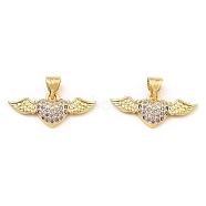 Rack Plating Brass Micro Pave Clear Cubic Zirconia Pendants, Wing with Heart, Real 16K Gold Plated, 9.5x22x3mm, Hole: 3.5x4mm(KK-M253-09G)