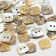 2-Hole Square Mother of Pearl Buttons, Tan, 9.5x9.5x1mm, Hole: 1.5mm, about 720pcs/bag(SHEL-N033-24)