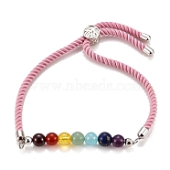 Chakra Jewelry, Adjustable Nylon Cord Slider Bracelets, Bolo Bracelets, with Natural & Synthetic Gemstone Beads and Brass Findings, Platinum, Pink, Inner Diameter: 2-5/8 inch(6.7cm), Slider Bead: 8.5x5.5mm(BJEW-JB05474-03)