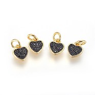 Brass Micro Pave Cubic Zirconia Charms, with Jump Ring, Heart, Black, Gunmetal & Golden, 8x7x2mm, Hole: 3mm(ZIRC-G150-03A)