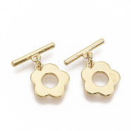 Brass Toggle Clasps, with Jump Rings, Nickel Free, Flower, Real 18K Gold Plated, Flower: 14.5x13x1.5mm, Hole: 1.2mm, Bar: 16x2mm, Hole: 1.2mm, Jump Ring: 5x0.8mm.(X-KK-T051-23G-NF)