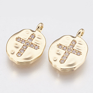 Brass Charms, with Micro Pave Cubic Zirconia, Oval with Cross, Clear, Nickel Free, Real 18K Gold Plated, 14x10x1.5mm, Hole: 1.4mm(X-KK-Q750-041G)
