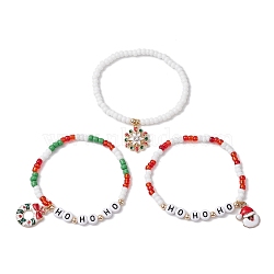 3Pcs Glass Stretch Bracelet Sets, Christmas Theme Alloy Enamel Charm Bracelets, Mixed Color, Inner Diameter: 2-1/4 inch(5.8cm)(BJEW-MZ00106)