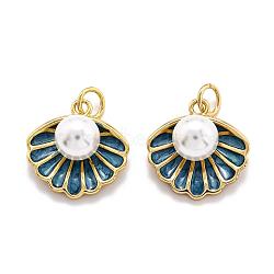 Brass Enamel Pendants, with Shell Bead and Jump Ring, Long-Lasting Plated, Real 18K Gold Plated, Shell Shape, Marine Blue, 15.5x15.3x8mm, Hole: 3.8mm(KK-O140-12G)