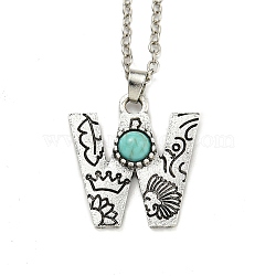 Letter A~Z Antique Silver Plated Alloy with Synthetic Turquoise Pendant Necklace, with Iron Cable Chains, Letter W, 18.70 inch(475mm), Letter W: 26x24.5mm(NJEW-G080-01W)