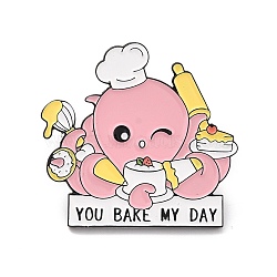 You Bake My Day Enamel Pin, Octopus Baking Alloy Enamel Brooch for Backpack Clothes, Electrophoresis Black, Pink, 28x30x10.5mm, Pin: 1mm(JEWB-O007-B05)