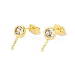 Brass Micro Pave Cubic Zirconia Studs Earrings Findings, Flat Round, for Half Drilled Beads, Real 18K Gold Plated, 14x7mm, Pin: 1mm and 11x0.5mm.(EJEW-H128-02G)