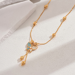 Fashionable Brass Pave Cubic Zirconia Butterfly Pendant Necklaces, Tassel Necklaces for Women, Real 18K Gold Plated, Clear, 17.91 inch(45.5cm)(CT9950-6)