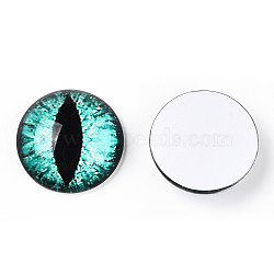 Glass Cabochons, Half Round with Evil Eye, Vertical Pupil, Medium Turquoise, 20x6.5mm(GGLA-T004-02W)