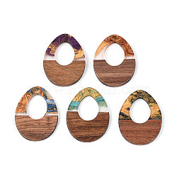 Opaque Resin & Walnut Wood Pendants, Teardrop Charms, with Glitter Powder, Mixed Color, 37.5x28x3.5mm, Hole: 2mm(RESI-T060-47M)