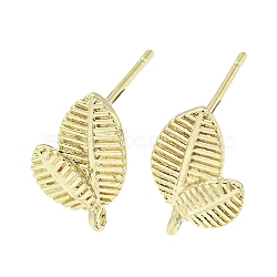 Brass Stur Earring Findings, Leaf, Real 14K Gold Plated, 14x9mm, Hole: 1.2mm, Pin: 12mm(KK-R154-08G)
