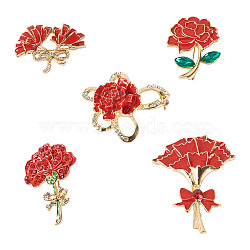5Pcs 5 Styles Flower Enamel Pins, Floral Zinc Alloy Crystal Rhinestone Brooches for Women, Golden, Dark Red, 25~48x26.5~40mm, 1pc/style(JEWB-TA0001-35)