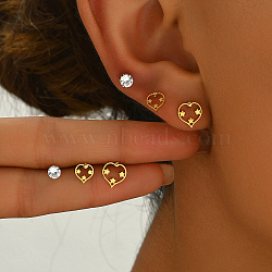 3 Pairs Heart Stainless Steel Stud Earring Sets, with Rhinestone, Golden, 3~7mm(FG5977-4)