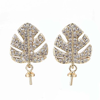 Brass Micro Pave Clear Cubic Zirconia Stud Earring Findings, For Half Drilled Bead, Leaf, Real 18K Gold Plated, 18x11mm, Pin: 0.8mm, pin: 0.6mm(for Half Drilled Bead).