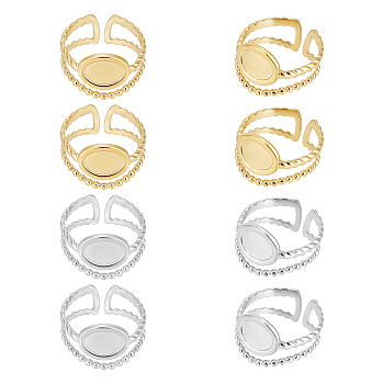 8Pcs 2 Colors 304 Stainless Steel Open Cuff Ring Components, Bezel Cup Ring Settings, Oval, Real Gold Plated & Stainless Steel Color, Inner Diameter: 17mm, Tray: 6.3x8.4mm, 4Pcs/color