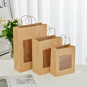 Folding Cardboard Paper Gift Tote Bags, Gift Package Bags with Visible Window, Rectangle, Square, 26x12x32cm