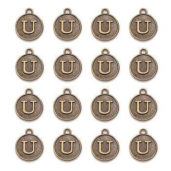 Alloy Pendant Cabochon Settings, For Enamel, Cadmium Free & Lead Free, Flat Round with Letter, Antique Bronze, Letter.U, 14x12x2mm, Hole: 1.5mm