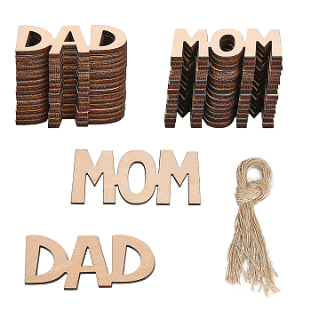 Unfinished Wooden Hanging Tags, with Jute Twine, Letter MOM & DAD, for Father's Day & Mother's Day, BurlyWood, Tag: 2.25x5.2x0.25cm & 2.2x5.25x0.3cm, 30pcs/set