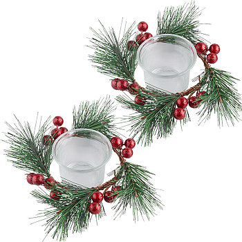 2Pcs Glass Candle Cups, 2Pcs Simulation Red Berry Snowy Pine Needles Candle Candle Ring Artificial Greenery Wreath, for Christmas Table Party Home Decor, Mixed Color, Candle Cup: 62x46mm, Wreath: 150x150x65mm