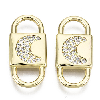 Brass Micro Pave Clear Cubic Zirconia Links Connectors, Nickel Free, Lock with Moon, Real 16K Gold Plated, 22x10x2mm, Hole: 6x4mm