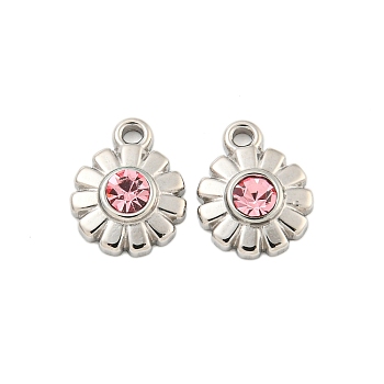 304 Stainless Steel Pendants, with Rhinestone, Flower Charms, Real 14K Gold Plated, Light Rose, 11x9x3mm, Hole: 1.5mm