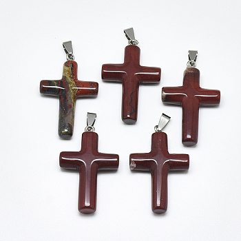 Natural Red Rainbow Jasper Pendants, with Stainless Steel Snap On Bails, Cross, Stainless Steel Color, 44~46x28x8mm, Hole: 3~4x7~8.5mm