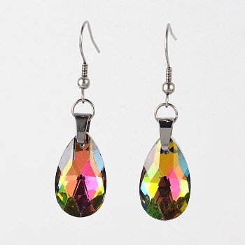 teardrop, Glass Dangle Earrings, with 304 Stainless Steel Earring Hooks, Colorful, 50mm, Pin: 0.6mm
