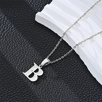 201 Stainless Steel Crystal Rhinestone Initial Pendant Necklaces, Stainless Steel Color, Non-Tarnish, Letter B, 19.69 inch(50cm)
