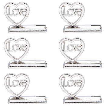 Alloy Memo Clip, Message Note Photo Stand Holder, Heart with Word Love, for Wedding Decoration, Platinum, 26.5x34x9mm