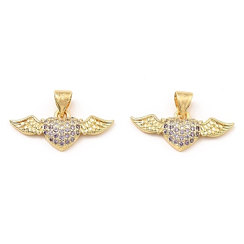 Rack Plating Brass Micro Pave Clear Cubic Zirconia Pendants, Wing with Heart, Real 16K Gold Plated, 9.5x22x3mm, Hole: 3.5x4mm