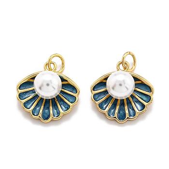 Brass Enamel Pendants, with Shell Bead and Jump Ring, Long-Lasting Plated, Real 18K Gold Plated, Shell Shape, Marine Blue, 15.5x15.3x8mm, Hole: 3.8mm