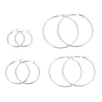 304 Stainless Steel Hoop Earrings for Women, Ring Shape, Mixed Size, Stainless Steel Color, 31~59x29~61x2mm, 12 Gauge, Pin: 1x0.8mm/0.7x1mm, 4pairs/set