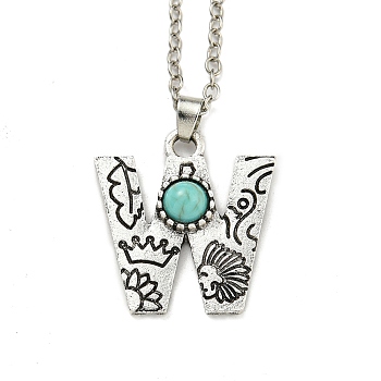 Letter A~Z Antique Silver Plated Alloy with Synthetic Turquoise Pendant Necklaces, with Iron Cable Chains, Letter W, 18.70 inch(475mm), Letter W: 26x24.5mm