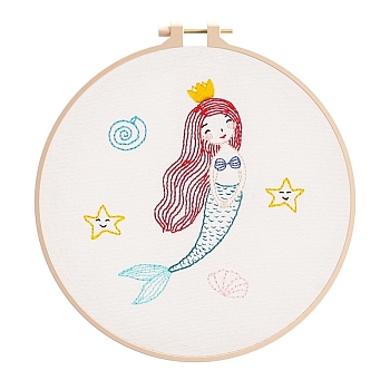 DIY Embroidery Kit, including Embroidery Needles & Thread, Linen Fabric, Instruction Sheet, Mermaid, 210x210mm