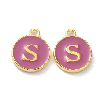 Golden Plated Alloy Enamel Charms, Cadmium Free & Lead Free, Enamelled Sequins, Flamingo, Flat Round with Letter, Letter.S, 14x12x2mm, Hole: 1.4mm