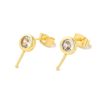 Brass Micro Pave Cubic Zirconia Studs Earrings Findings, Flat Round, for Half Drilled Beads, Real 18K Gold Plated, 14x7mm, Pin: 1mm and 11x0.5mm.