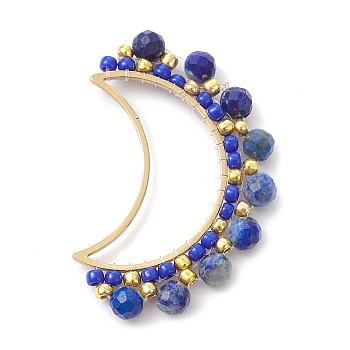 201 Stainless Steel Linking Rings, with Natural Lapis Lazuli & Seed Beads, Crescent Moon Connector, 36.5~37x23~24.5x4.5mm, Inner Diameter: 24x7mm