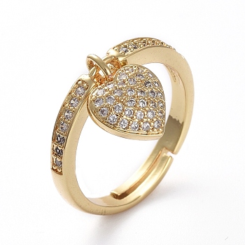 Adjustable Brass Micro Pave Cubic Zirconia Finger Rings, with Heart Charms, Golden, Size 7, 17.6mm