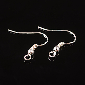 Silver Color Plated Brass Earring Hooks, with Horizontal Loop, 17~19x16~18mm, Hole: 2mm, Pin: 0.8mm