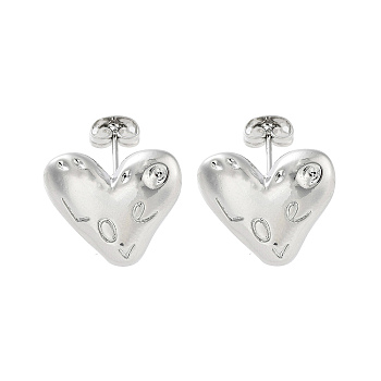 Heart with Word Love Brass Stud Earrings, Long-Lasting Plated, Lead Free & Cadmium Free, Platinum, 15.5x17.5mm
