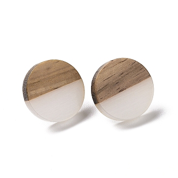 Resin & Walnut Wood Flat Round Stud Earrings with 304 Stainless Steel Pin for Women, Wheat, 15mm, Pin: 0.6mm