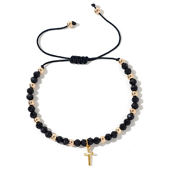 Bohemian Style Glass Braided Bead Bracelets for Women, Cross, Black