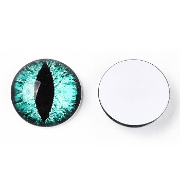 Glass Cabochons, Half Round with Evil Eye, Vertical Pupil, Medium Turquoise, 20x6.5mm