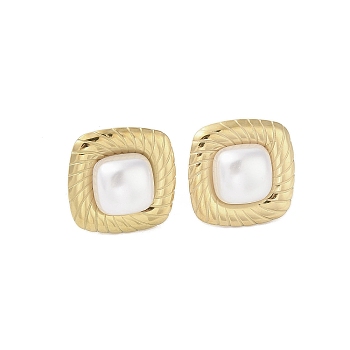316 Surgical Stainless Steel & CCB Imitation Pearl Stud Earrings for Women, Real 18K Gold Plated, Square, 22x22mm