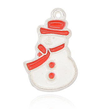 Silver Color Plated Alloy Enamel Christmas Snowman Pendants, White & Red, 26x17x2mm, Hole: 1mm