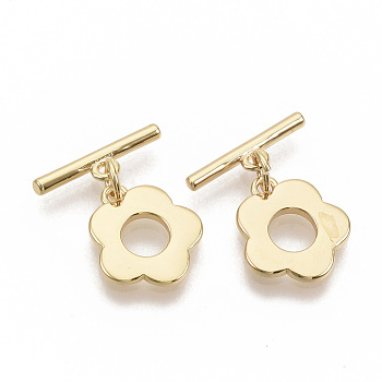 Brass Toggle Clasps, with Jump Rings, Nickel Free, Flower, Real 18K Gold Plated, Flower: 14.5x13x1.5mm, Hole: 1.2mm, Bar: 16x2mm, Hole: 1.2mm, Jump Ring: 5x0.8mm.