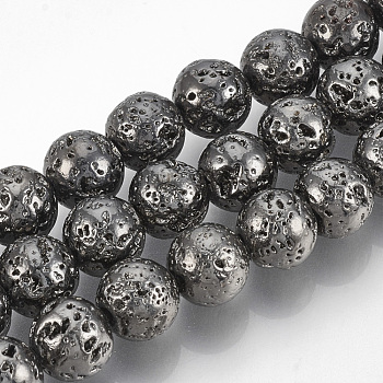 Electroplated Natural Lava Rock Beads Strands, Round, Bumpy, Gunmetal Plated, 12~13mm, Hole: 1mm, about 31pcs/strand, 15.7 inch