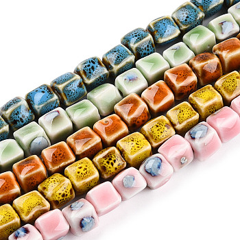 Handmade Porcelain Bead Strands, Famille Rose Porcelain, Cube, Mixed Color, 9x9x8~9mm, Hole: 2mm, about 38pcs/strand, 12.40 inch(31.5cm)