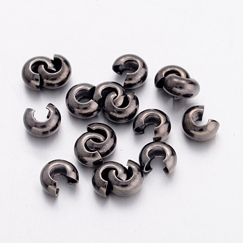Brass Crimp Beads Covers, Nickel Free, Round, Gunmetal, about 4mm in diameter, 3mm thick, hole: 1.5mm